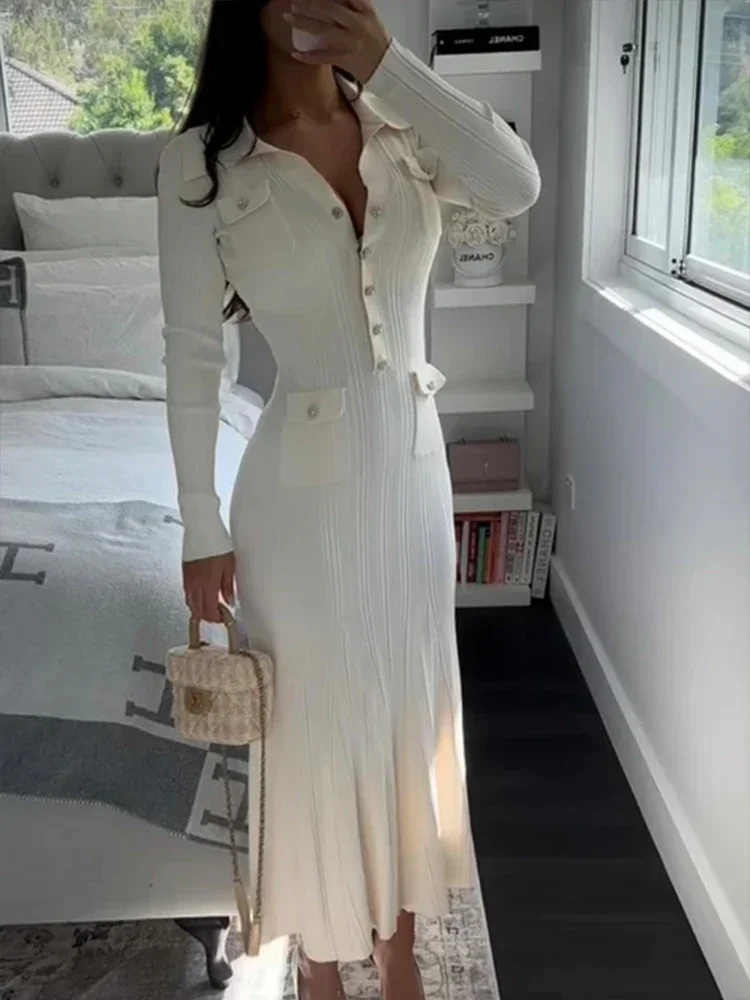 

Knitted Mermaid Dress Women Turn-down Collar Long Sleeve Female Long Dresses 2024 Autumn Winter Slim Hip Package Lady Robes