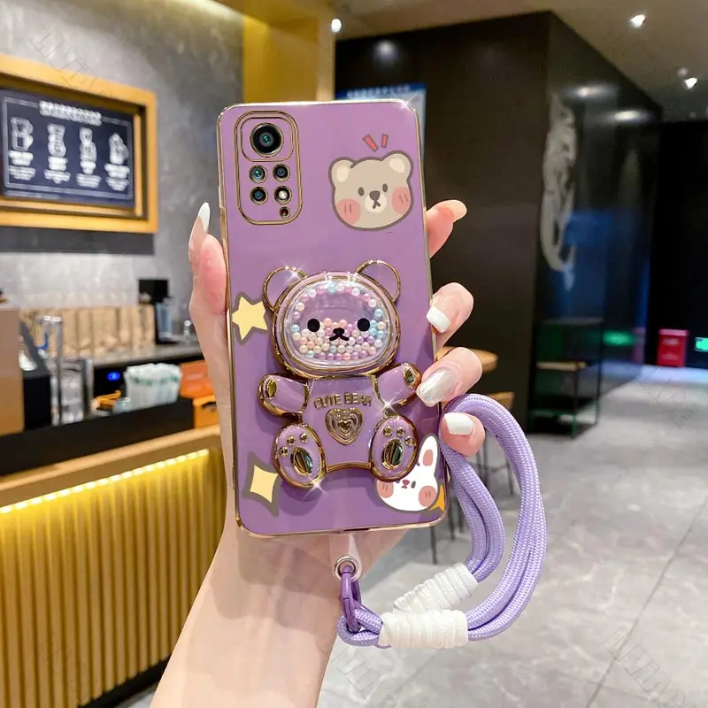 Étui de support de téléphone ours mignon avec dragonne colorée, housse de support pour Xiaomi Redmi Note 11 11s 7 8 8T 9 9s 10 10s Pro Max 4G 5G 2021