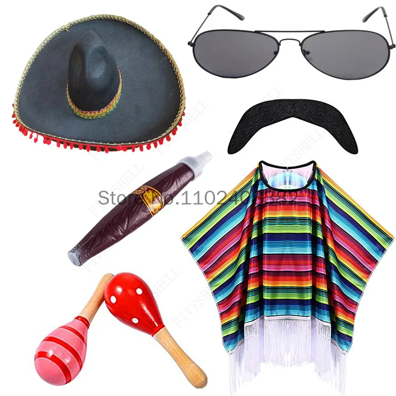 Mexican Shawl Halloween Cloak Cosplay Prom Party Festival Mexican Hat Sunglasses Smoke Pipe Adult Children\'s Stripe Cloak 6-PCS