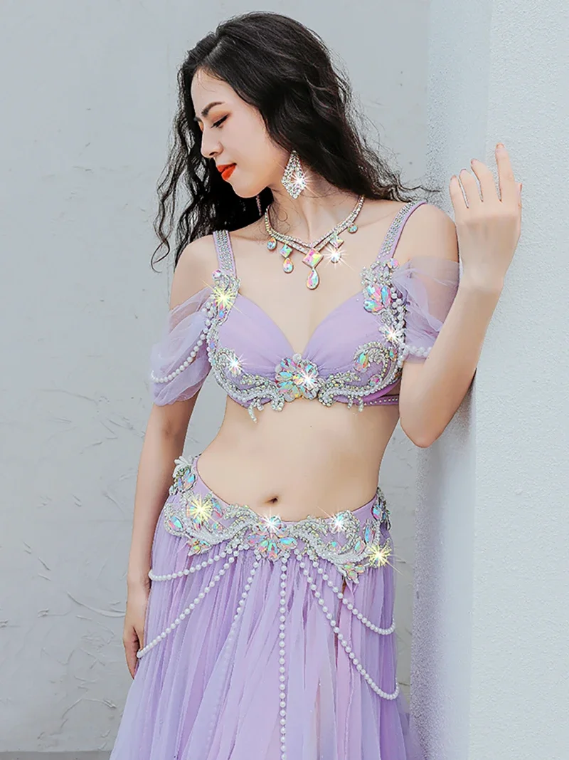 Adult Women Belly Dance Costume Sexy Mesh Flowing Performance Bra Skirt Suit Popsong Opening Dancewear Competition Clothing