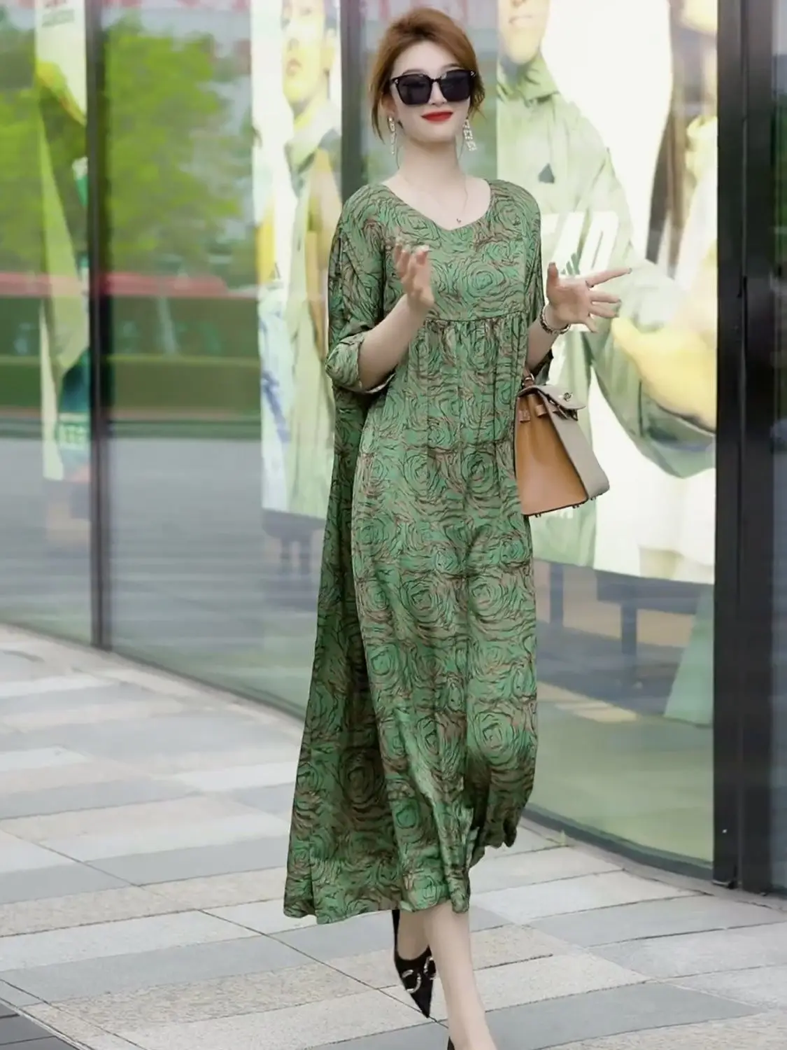 

Ретро-платье JJ6: Новинка лета 2026, свободный крой, рукав 7/8, круглый вырез, для отпуска