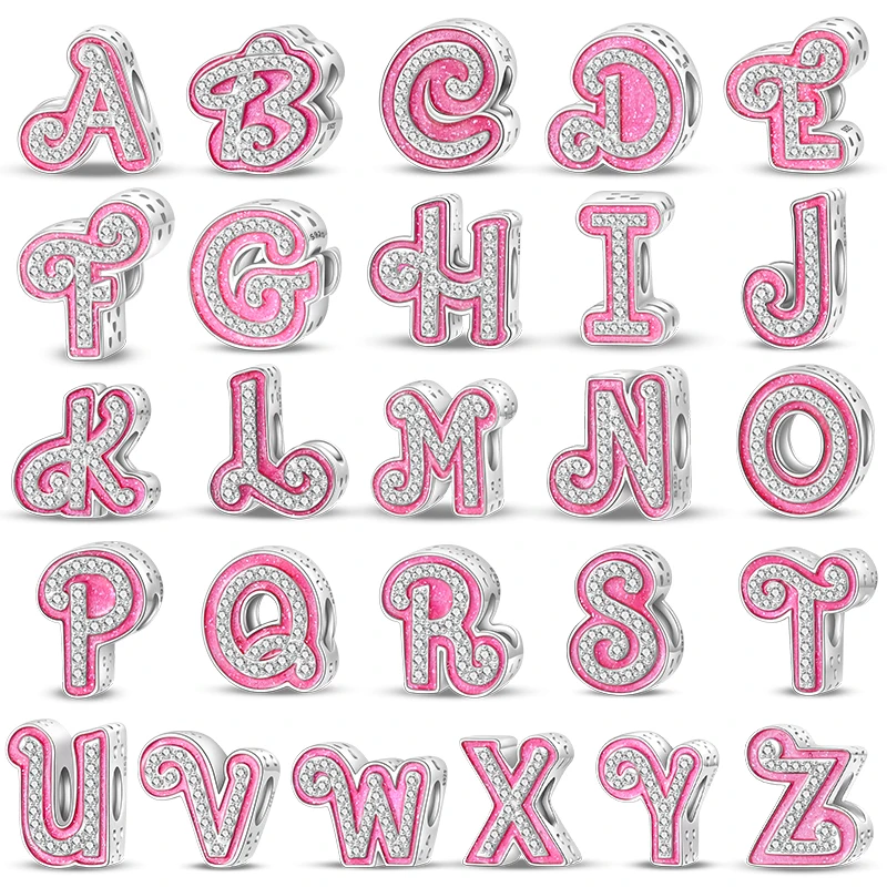 New 100% 925 Sterling Silver 26 Pink Princess Shiny Letter Charms Beads Fit Pandora 925 Original Bracelets DIY Birthday Jewelry