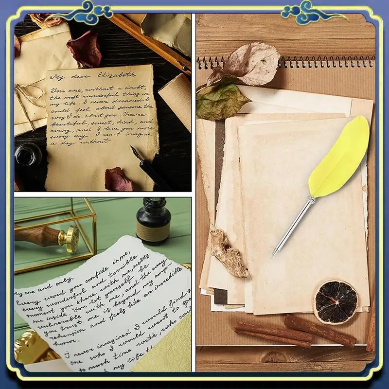 Portable 21Cm/8Inch Feather Ballpoint Pen, 2Pcs Ink Vintage Quill Pen Refined Plated Dip Pen For Calligraphy Writing