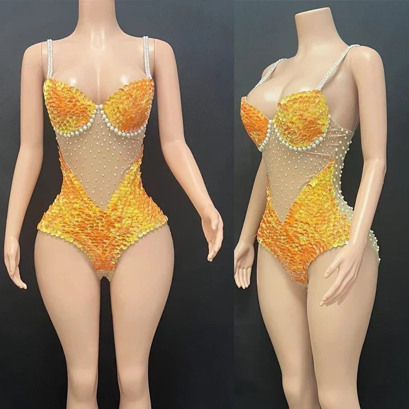 Orange Sequins Pearls Bodysuit Sexy Pole Dance Outfit Women Party Gogo Costume Nightclub Dj Ds Stage Festival Clothes XS6847