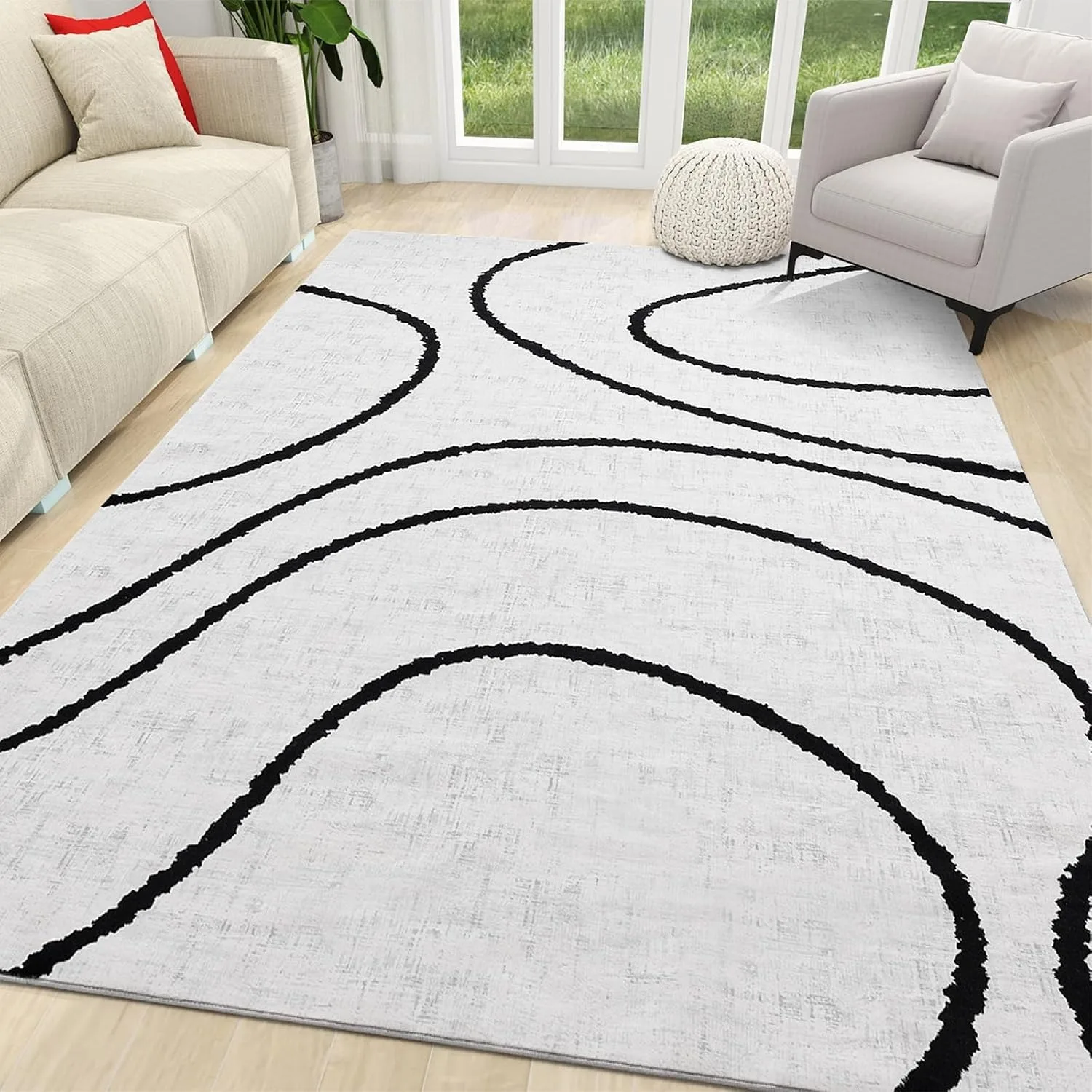 Carpet for Living Room Waterproof Wear-resistant Bedroom Rugs Anti-slip Soundproof Loop Pile TPR Mat Black Edge Line Texture Rug