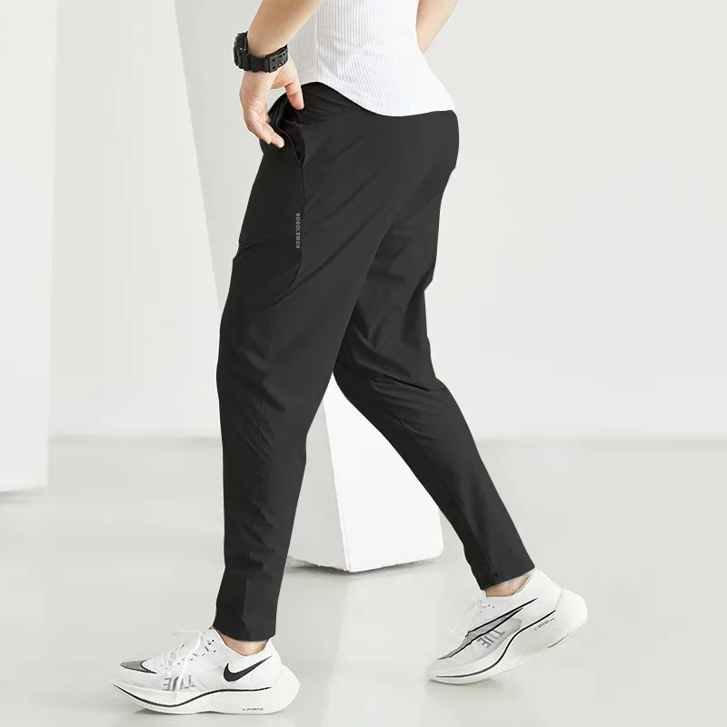 Ice Silk Thin Sports Long Pants Men Slimming Elastic Quick-drying Taping Legs Small Pants Running Zipper Pocket Fitness Pants