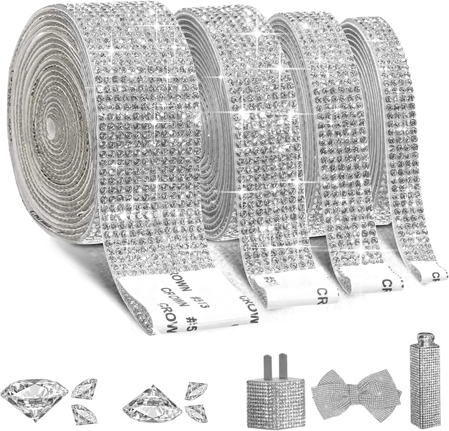 

4 Rolls Self-Adhesive Crystal Rhinestone Ribbon, Diamond Bling Ribbons with 2 mm Rhinestones Sticker for Arts Crafts Wedding