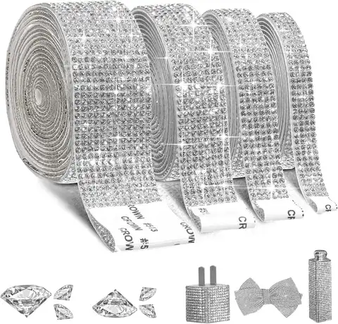 4 Rolls Self-Adhesive Crystal Rhinestone Ribbon, Diamond Bling Ribbons with 2 mm Rhinestones Sticker for Arts Crafts Wedding