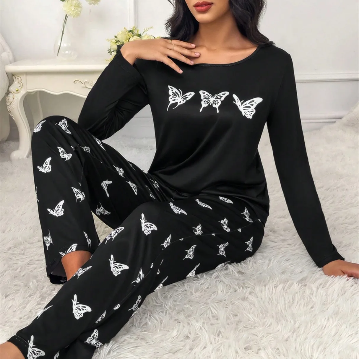 Autumn Women Pajamas Set Faux Cotton Long Sleeve Sleepwear Eyelash Butterfly Print T-Shirt with Trouser Loungewear Female Pyjama