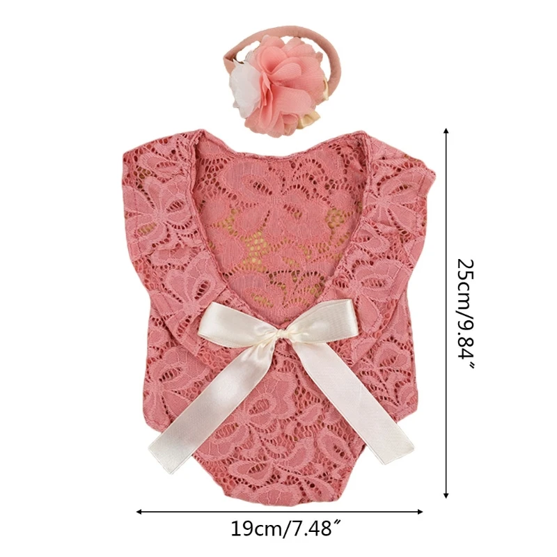 57EE – barboteuse en dentelle avec nœud pour bébé, bandeau, accessoires photographie pour nouveau-né, body, bandeau