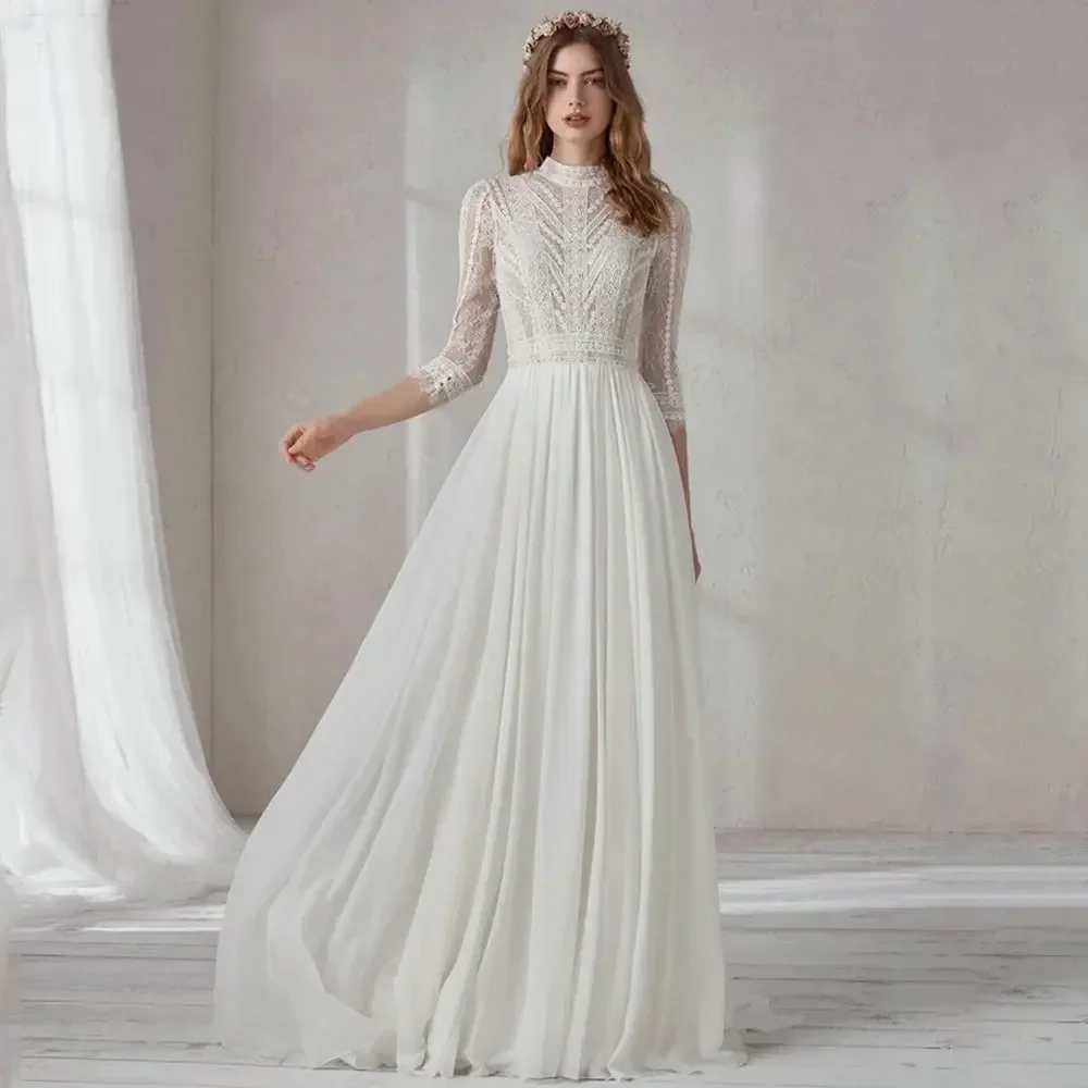 Charming Wedding Dress 2025 New Style Simple Round Neck Large Open Back Long Sleeve Travel Shoot Slimming Soft Tulle Slim Fit