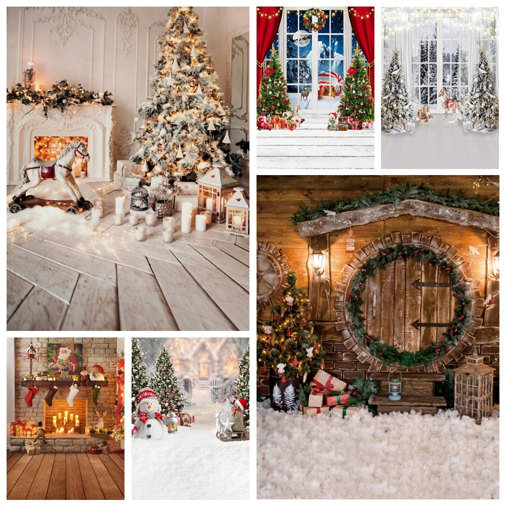 

Christmas Backdrop Winter Xmas Tree Fireplace Gifts Window Wood Floor Family Baby Portrait Photography Background Photo Studio