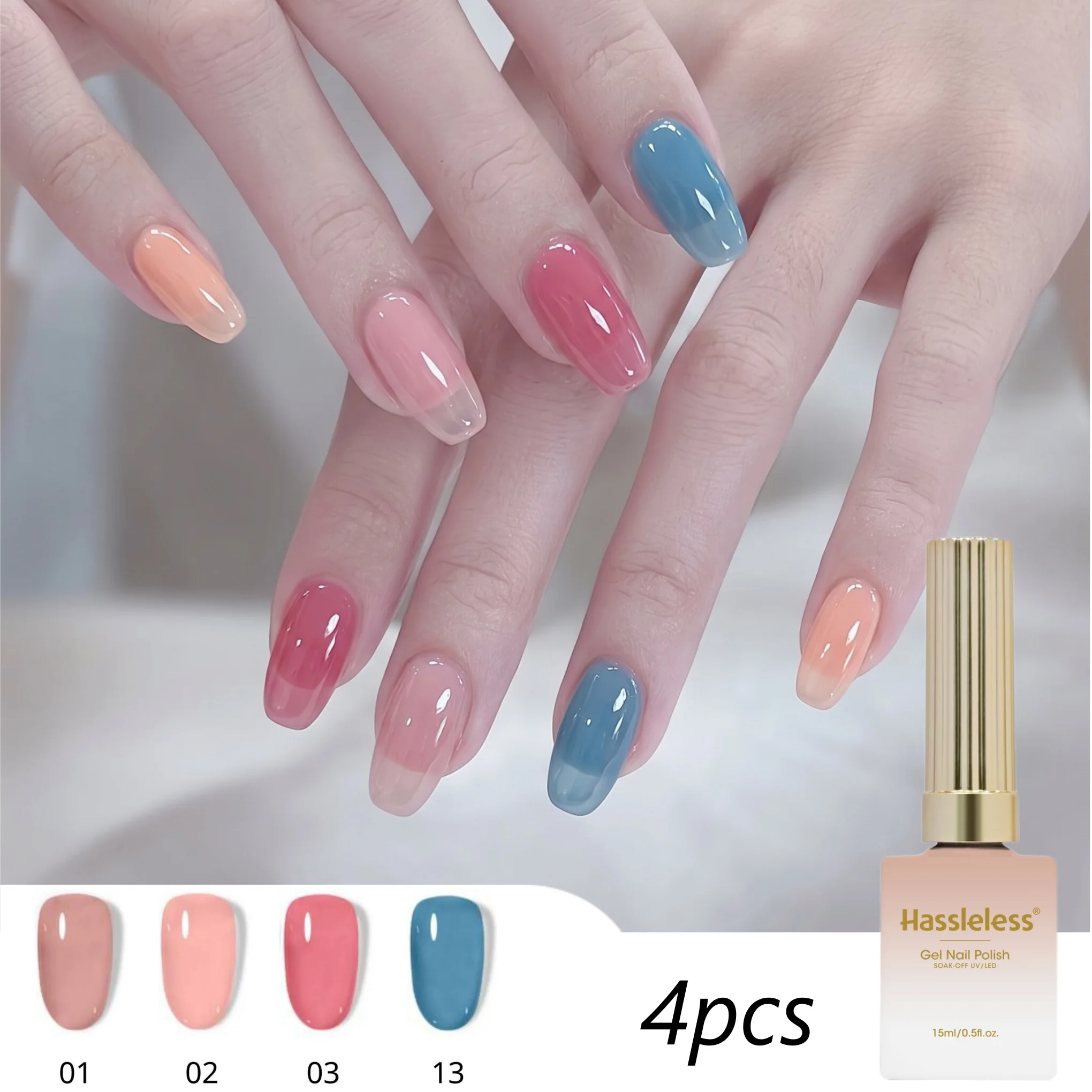 Hassleless 4Pcs Fresh Ice Transparent Jelly Nail Polish Set Peach Blue Contrast Color Uv Nail Polish Long-Lasting DIY Nail Art Gel