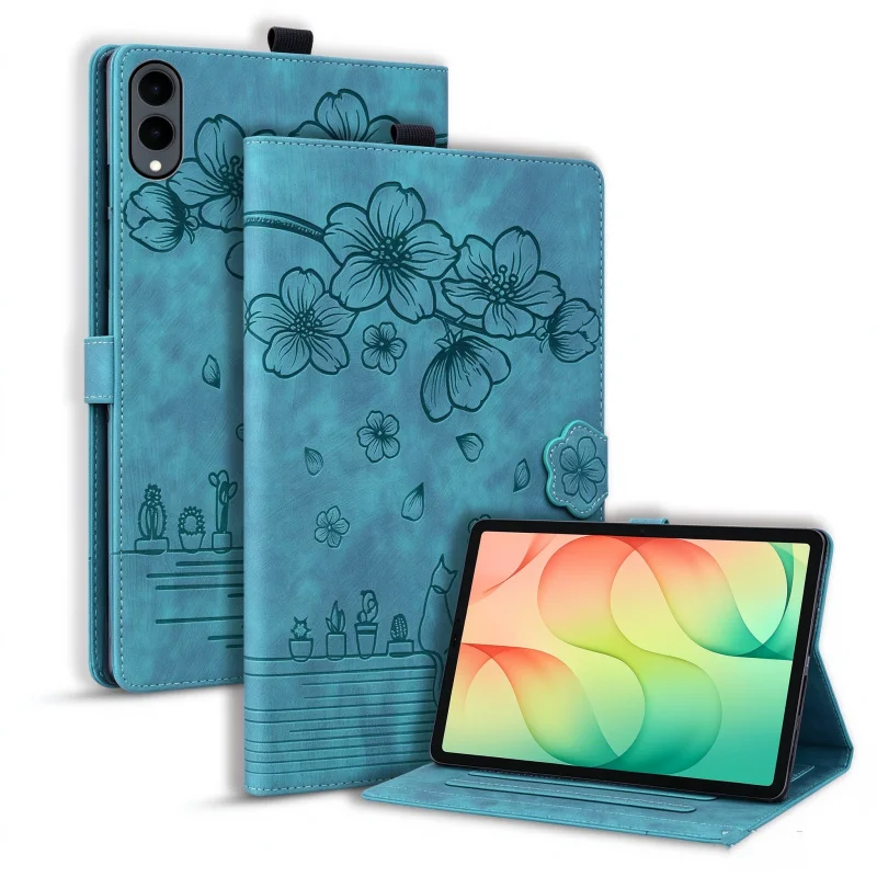 Embossed Flowers PU Leather Wallet Flip Stand Cover For Samsung Galaxy Tab S12 Plus S12+ SM-X840 X846B 12.6'' Cat Pattern Case