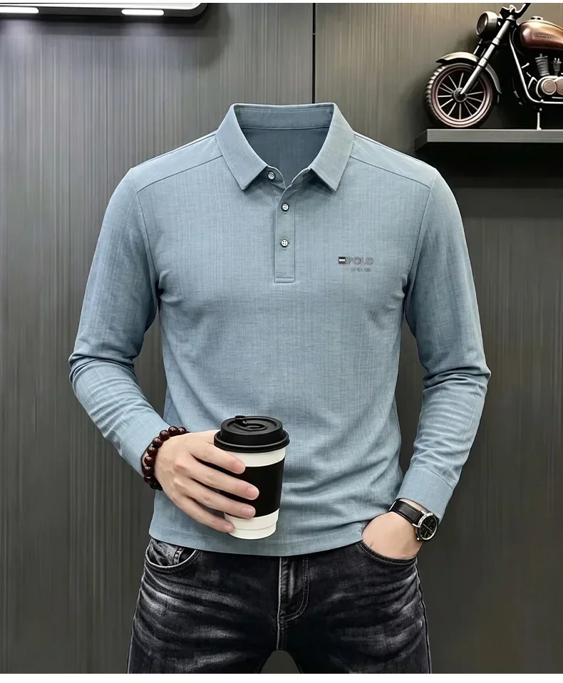 Brandneues Herren-Poloshirt mit Print, Herbst, einfarbig, langärmelig, Arbeitsoberteil, Herren, Business, formelle Arbeitskleidung, Hemden für den Frühling. – Detail 33