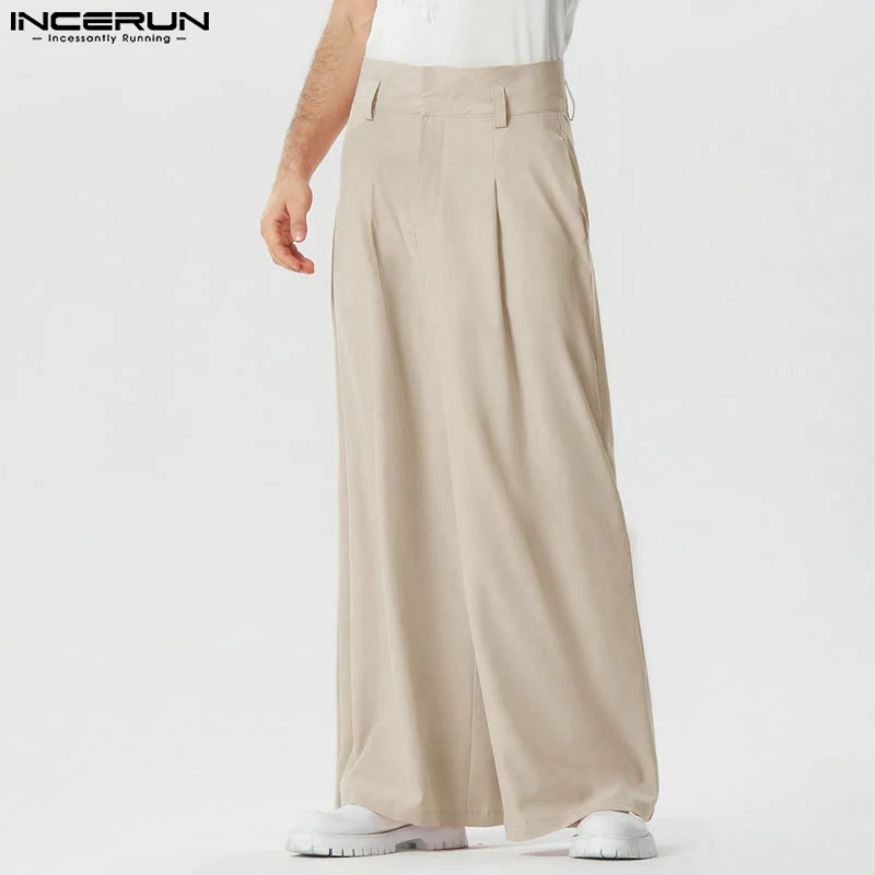 INCERUN-Pantalon à jambes larges pour hommes, couleur unie, taille haute, à lacets, streetwear, mode jogging, décontracté, 2024