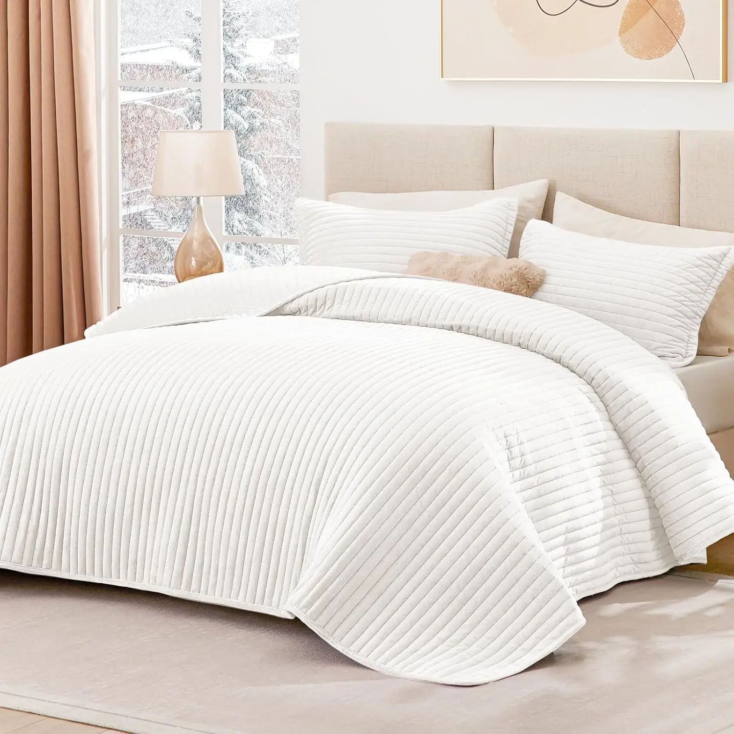 

Velvet Quilt Set for Queen Bed - Lightweight Striped Bedspread, All-Season Comforter Coverlet in White, 3-Piece