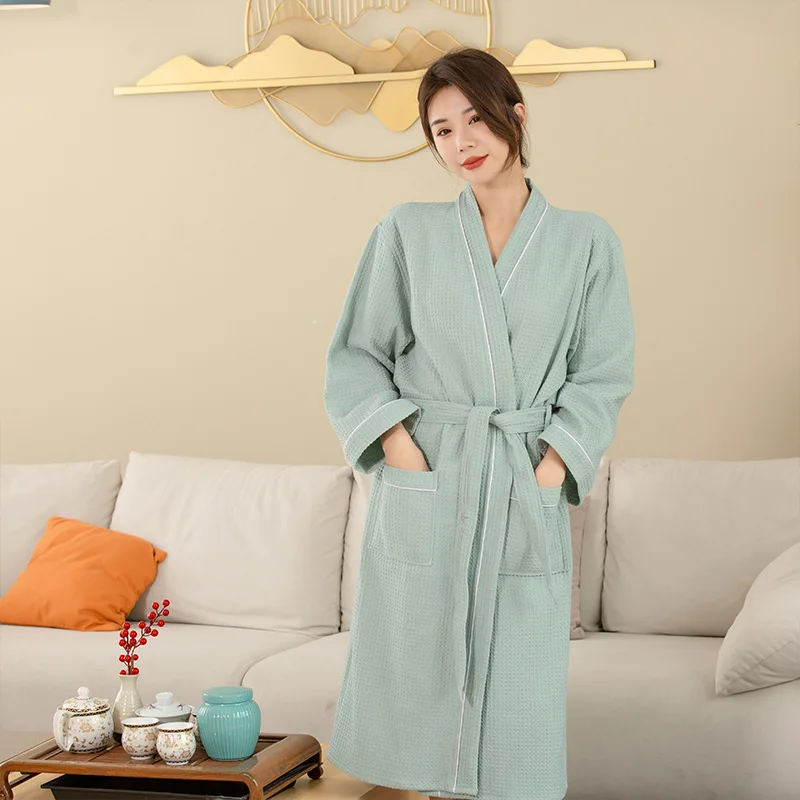 High-grade Couples Bathrobe Solid Hotel Robe Women And Women 100% Cotton Waffle Kimono Robes Loose Female Water Uptake Sleepwear