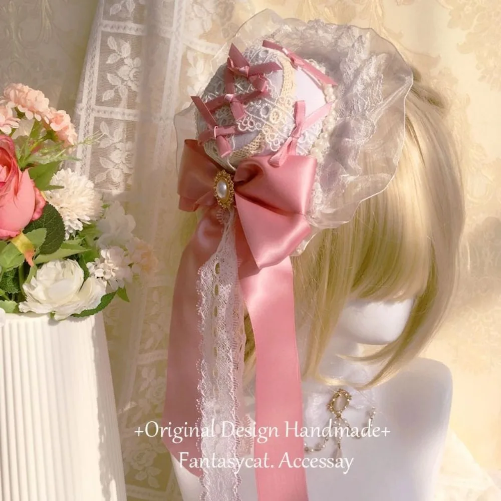 

Винтажный кружевной фасинатор ручной работы в стиле сладкой Лолиты, розово-белый, с жемчужным бантом, для чаепития, аксессуар для волос