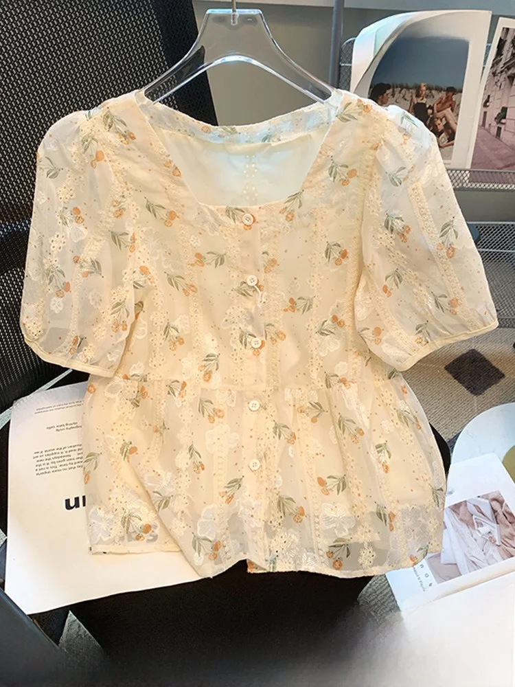 

Floral Print Chiffon Shirt Women's Summer New Style Petite Elegant Top Doll Shirt Short Sleeve Button up Korean Loose Fit