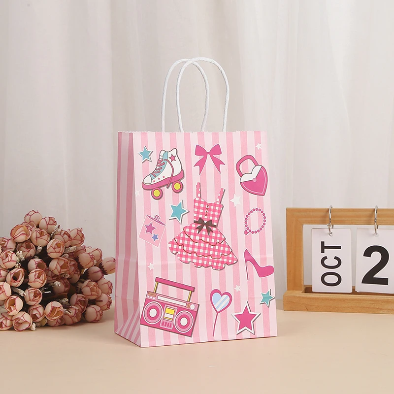 12 Pcs Pink Kraft Paper Gift Bag with Handle Candy Favor Goody Bag Wedding Baby Shower Girls Princess Theme Birthday Party Decor