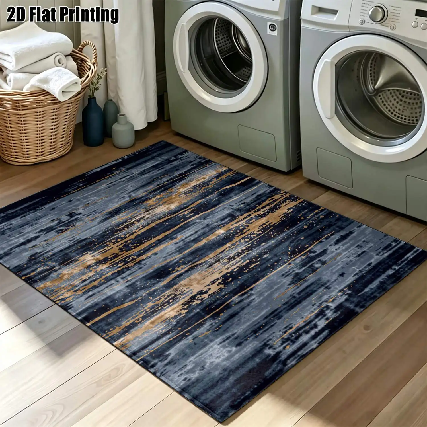 1Pc 2D Printed Carpet: Blue-Grey Abstract Art, Nordic/Instagram/Modern Minimalist/Vintage Geometric Striped Styles, Home Decor, Multi-Size, Machine Washable Suitable for Entrance, Dining Room, Foyer, Bedroom, Living Room as a Mat/Carpet.