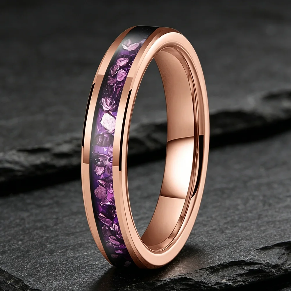 4mm Wolframringe mit Lila Edelstein-Einlage, Modeschmuck, Verlobungs- und Eheringe für Männer und Frauen, Poliert Glänzend, Komfortabler Sitz – Detail 20
