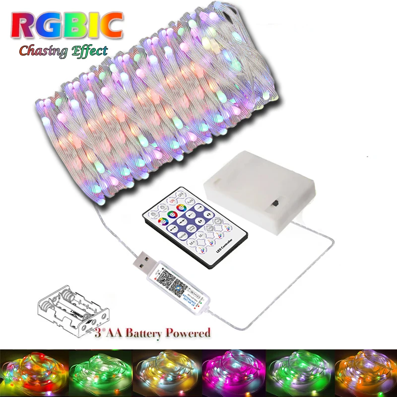 أضواء سلسلة خرافية ذكية لغرفة النوم ، أضواء سلسلة ، حفلة حديقة ، بطارية 3AA ، مقبس USB ، اللون ، 5 فولت ، WS2812B