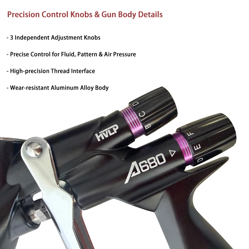 A680 HVLP Gravity Feed Spray Gun, Automotive Paint Gun with 600ml Mixing Cup, for Car Refinishing Furniture Water & Oil Paint