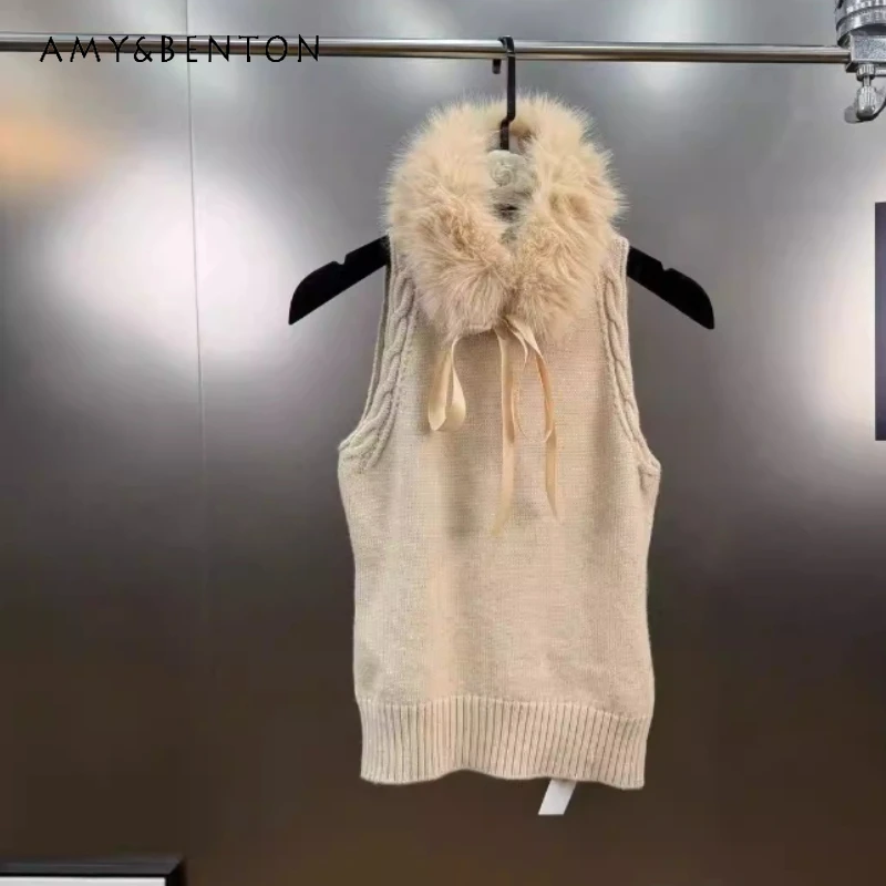 

2025 Winter Plush Ribbon Detachable Sleeveless Knitted Women's Top Original Design Sweett Cool Sexy Slimming Elegant Vest Ladies