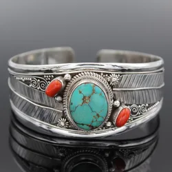 Antique Silver Color Leaf Red Blue Natural Stone Bracelet Bangle for Women Simple Open Bracelet Bohemian Luxury Woman Jewelry