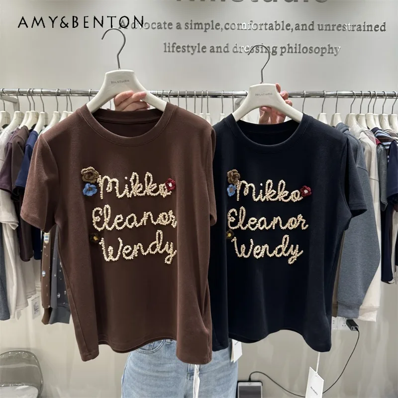 

Right Shoulder Short Sleeved T-shirt Women's 2025 Early Autumn New Beaded Heavywork Letter Flower Loose O-Neck Tees Pullovers