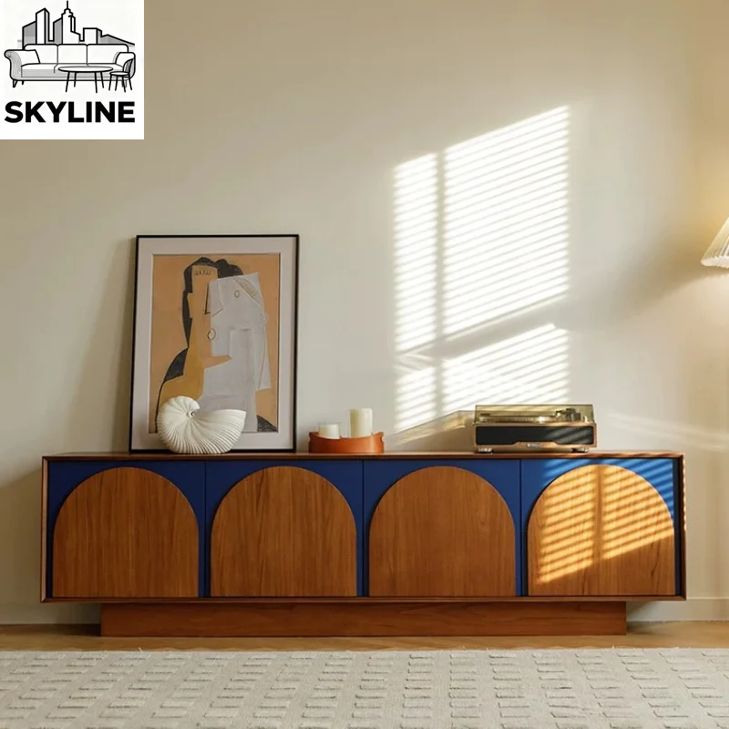Matte Teak Timber Veneer Television Stand Vintage Solid Wood Tall Side Cabinet Streamlined Modern Storage Furniture