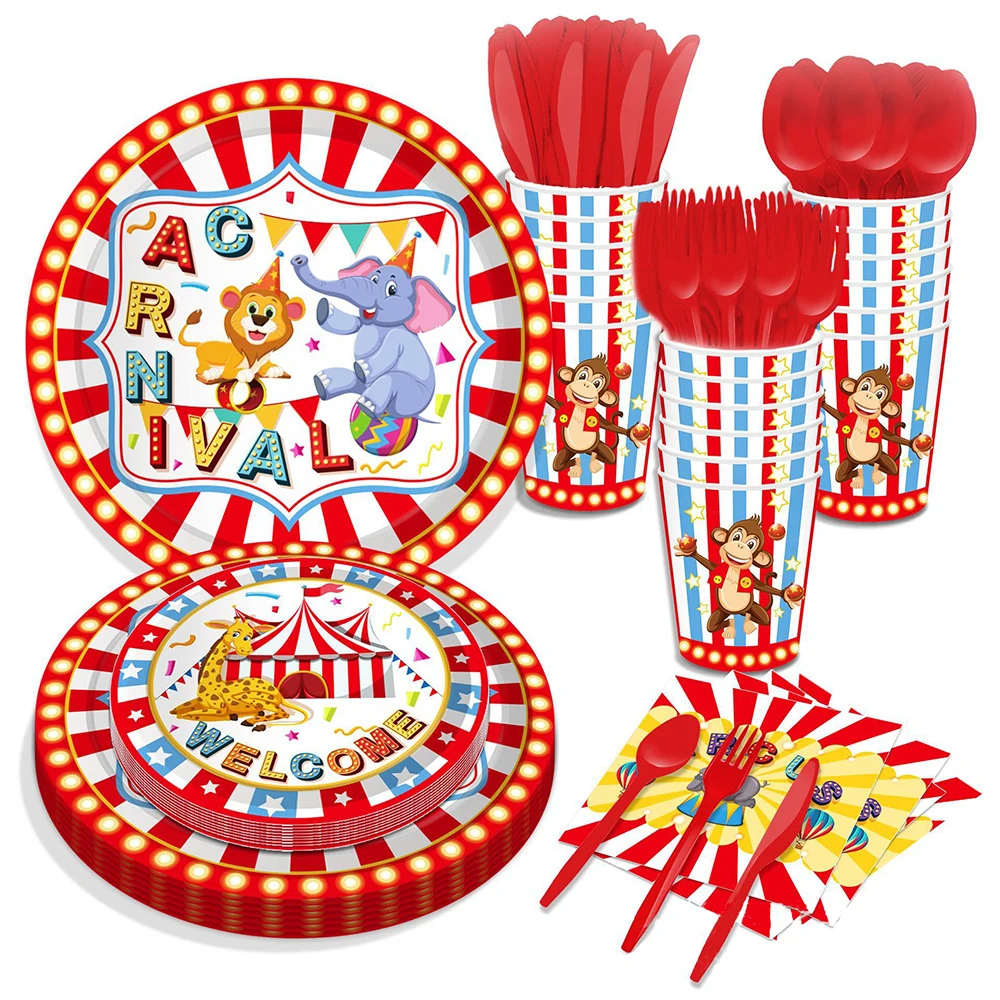 Circus Theme Party Decorations Striped Animals Disposable Tableware Set Plate Cup Masks Kids Birthday Party Supplies Joyful