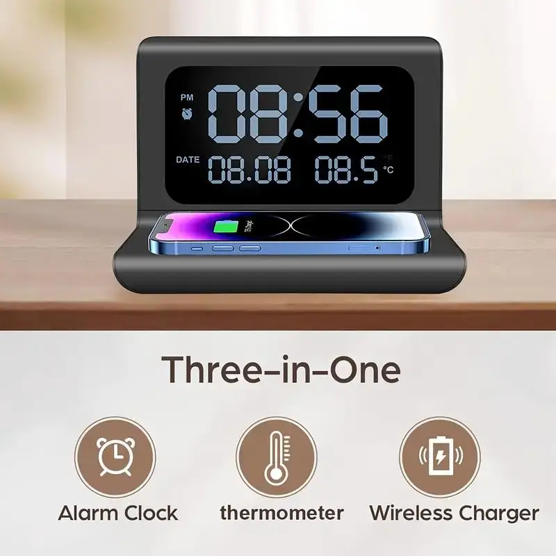 Desktop Electronic Clock Wireless Charger Multifunctional Charger with Clock Function Three-in-One Clock and Wireless Charger