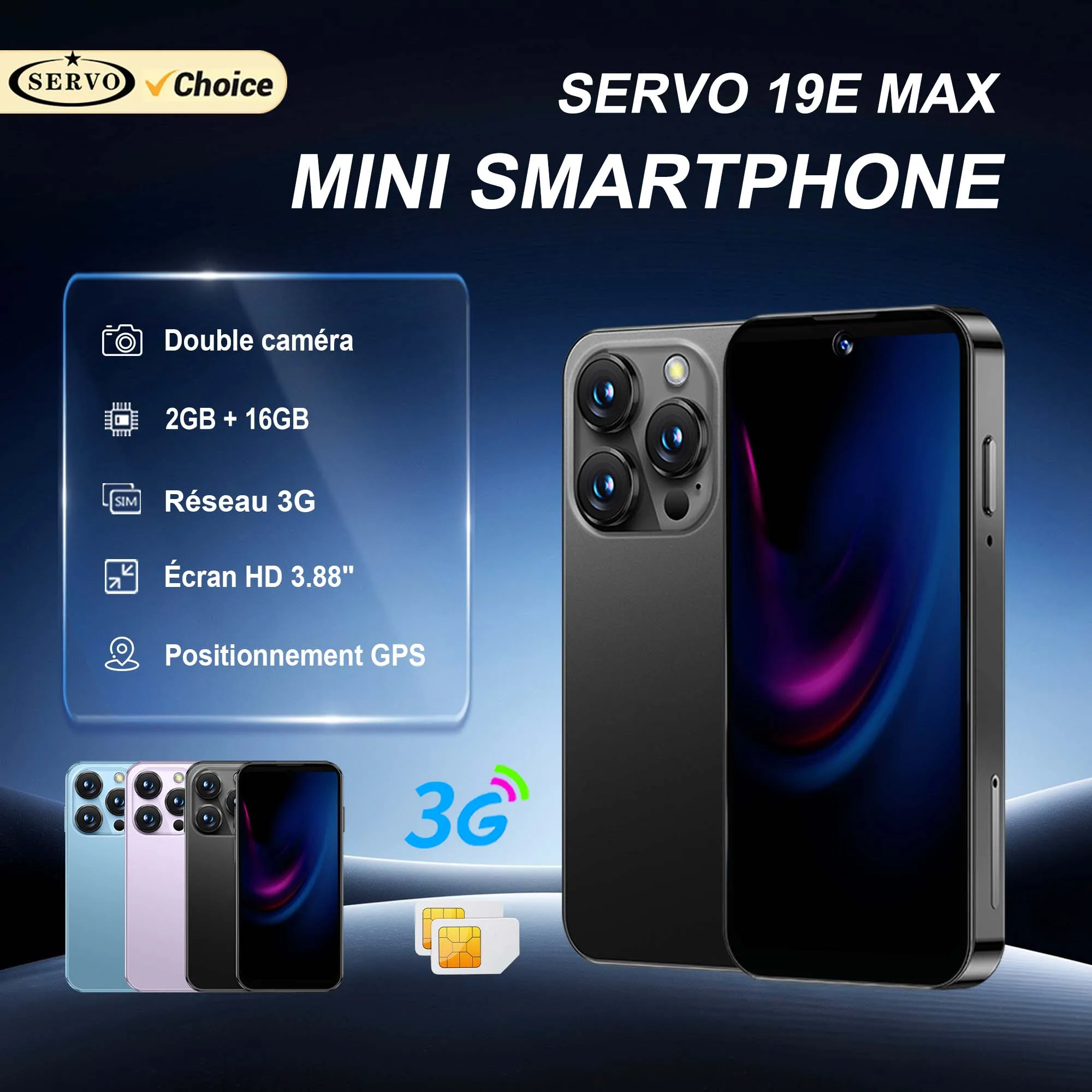 SERVO 19E MAX 3.88" Téléphone Android Mini Débloqué 3G 2GB+16GB Double SIM Déverrouillage Facial GPS WiFi Hotspot Play Store Smartphone de Poche