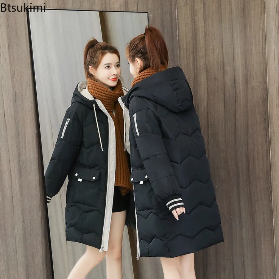 2025 Winter Women Medium Length Jacket Coats Long Parkas Female Down Cotton Hooded Overcoat Loose Casual Thick Warm Jackets