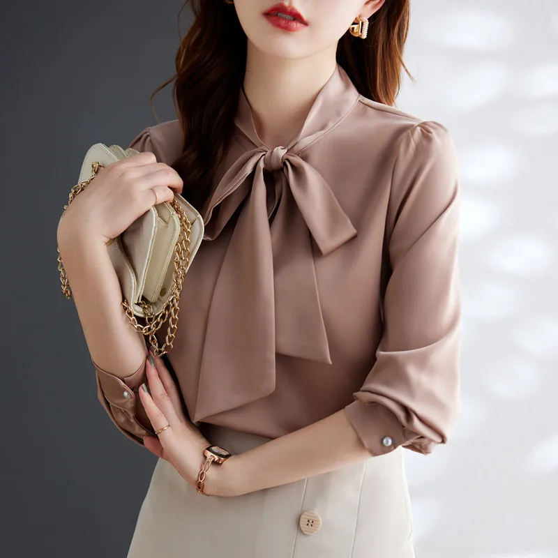 Bow Tie Long Sleeve Shirt Women New Fashion Temperament Design Autumn Professional Acetata Satin Blouses Office Ladies Work Tops