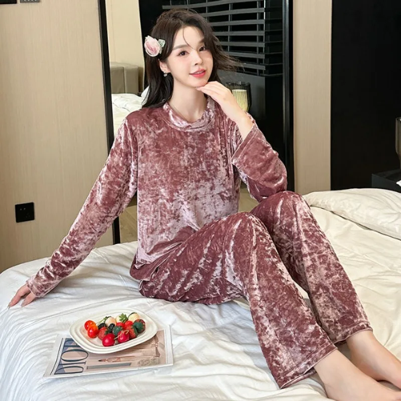 Gold Velvet Pajamas Women's Korean-Style Loose Round Collar Homewear Suit Female Sweet Leisure Solid Color Sleepwear Set 2024