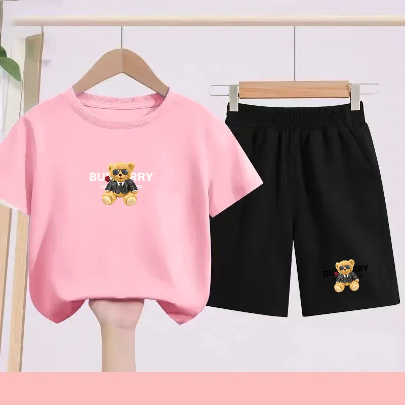 

A Summer Cartoon-style Cute Bear-patterned Sports T-shirt+shorts Set Suitable for Children Aged3to13The Set Consists of Two