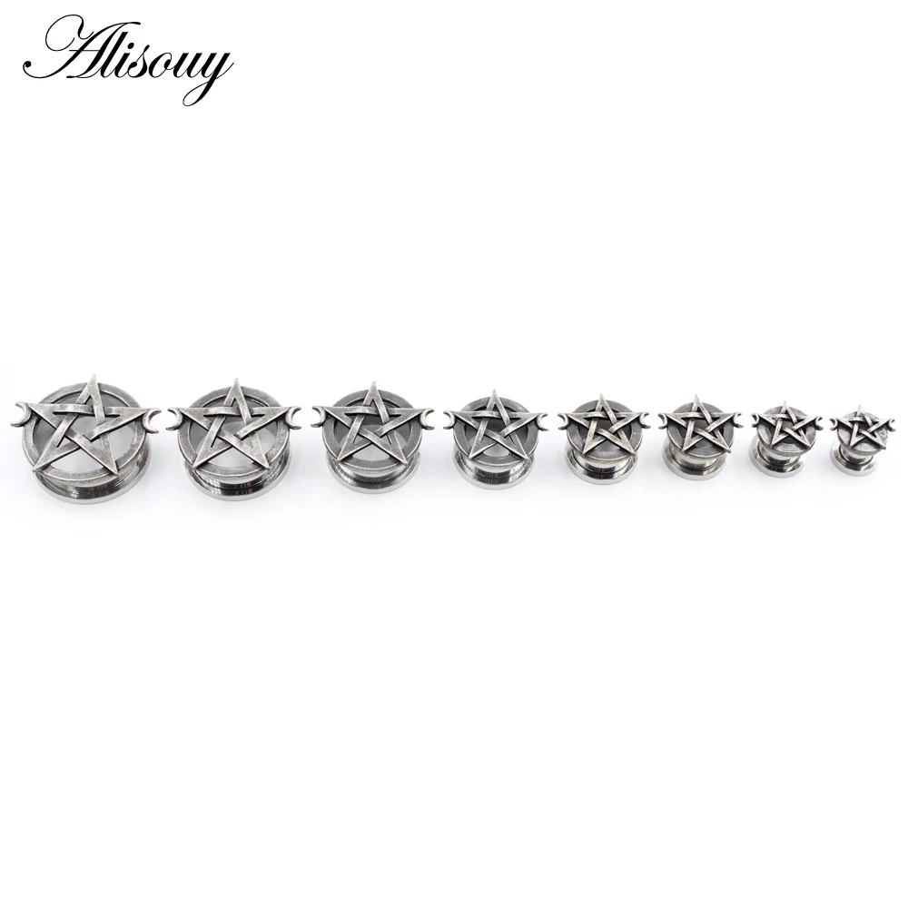Alisouy 2pcs 8mm-25mm Punk Stainless Steel Star Moon Unscrew Ear Tunnels Plugs Expander Stretcher Gauges Body Piercing Jewelry