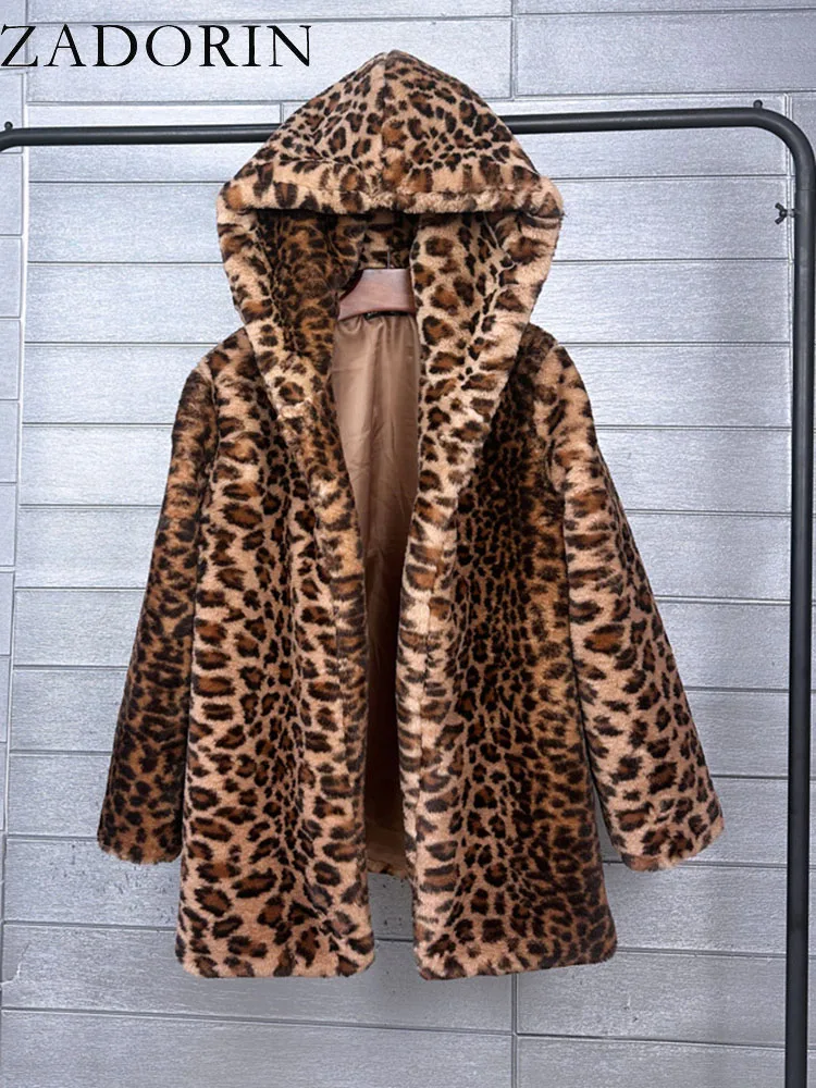 ZADORIN Furry Leopard Print Jacket Women 2024 Winter Fluffy Loose Faux Rabbit Fur Coat Thick Warm Plush Jackets for Women Coats