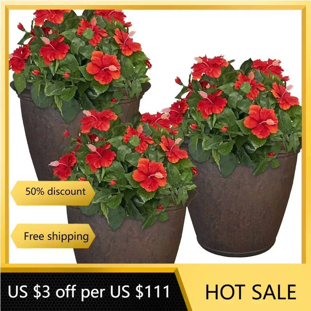 

Anjelica Large Flower Pot Planter - Outdoor/Indoor Unbreakable Double-Walled Polyresin with UV-Resistant Rust Finish - Set of 3