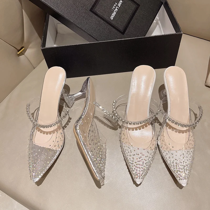 Women Slippers Sexy High Heels Mules Rhinestone Bling Slides PVC Transparent Sandals Thin Heel Silver Summer Party Dress Shoes