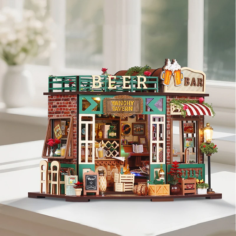 DIY Fanxi Tavern Houten Poppenhuis Miniatuur Meubelset 3D Assemblagemodel Speelgoed voor Kinderen Volwassen Kerstcadeau Casa