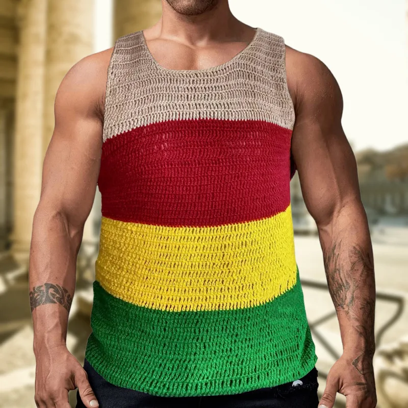 2024 Europe and The United States Men's Coarse Needle Knitwear Casual Sleeveless Hip Hop Street Youth Hollow Color Vest M-3XL