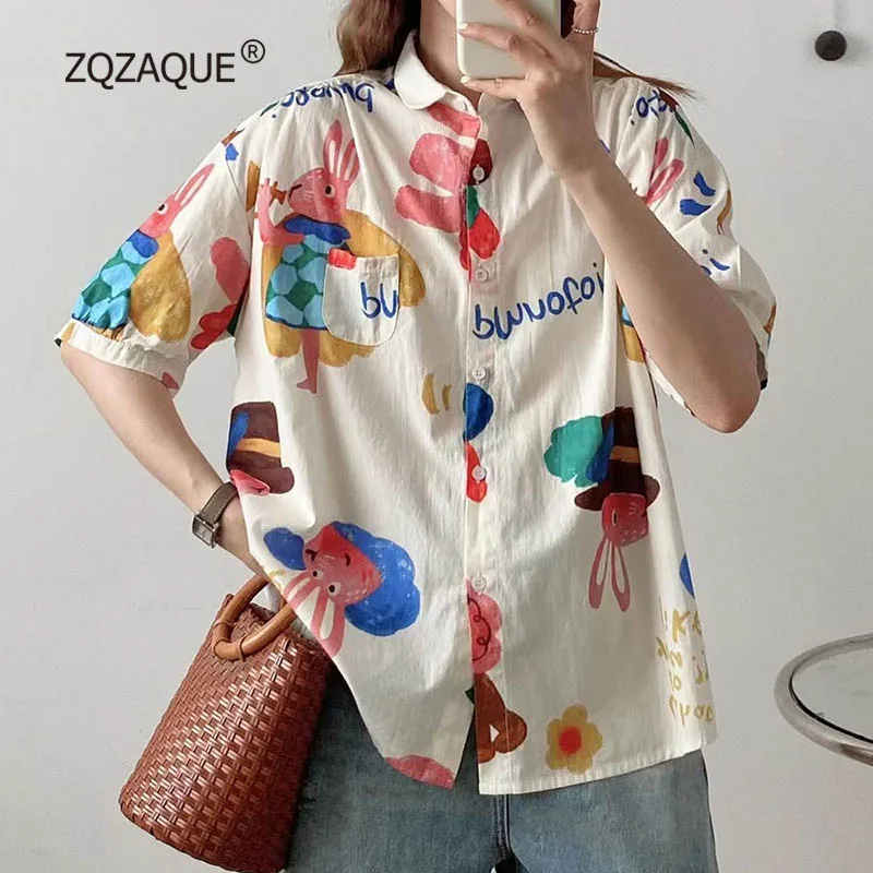 

Japanese and Korean Style Oil Painting Graffiti Pattern Women's Shirt with Pocket Summer Short Sleeve Cotton Tops S148