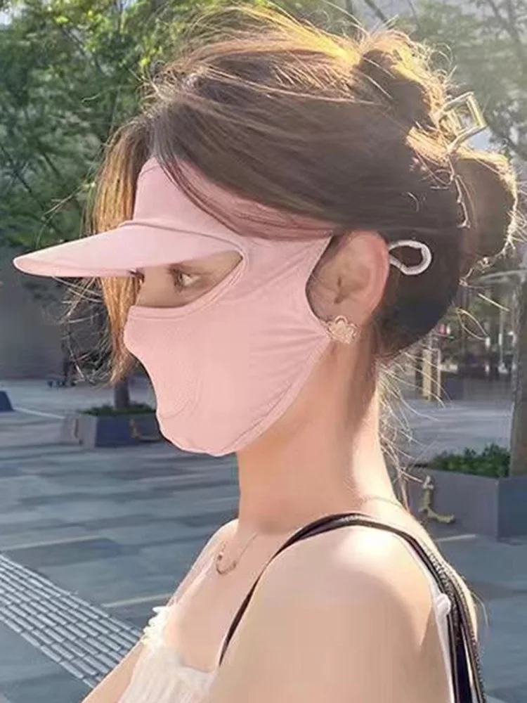 Women Sunscreen Mask Hat Outdoor UPF50+ One-Piece Summer Facekini Anti-Ultraviolet Nylon Dust Shade Solid Color