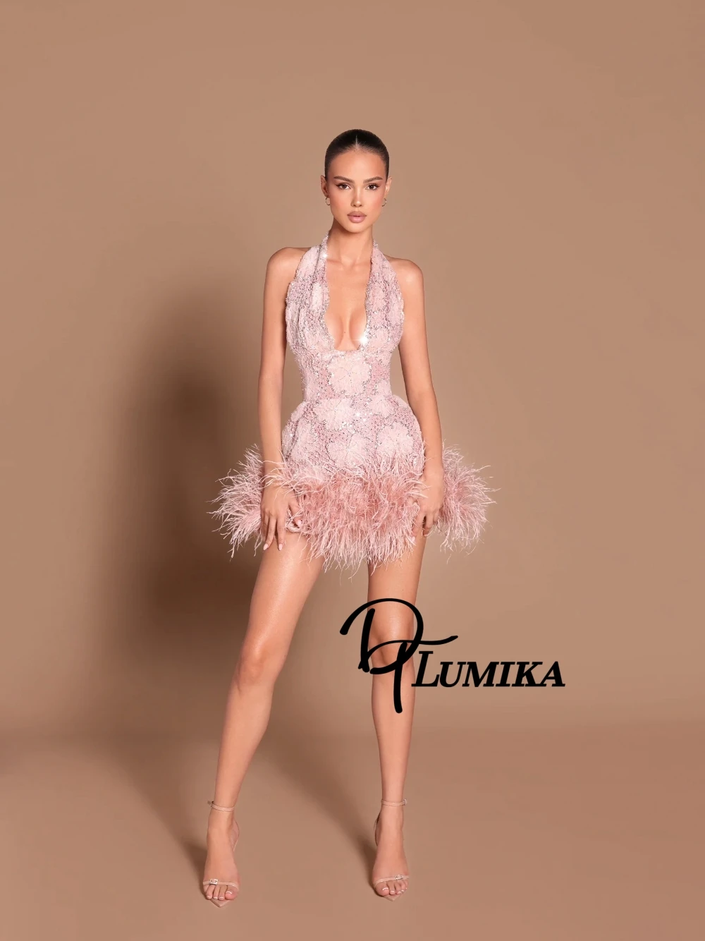 

Сексуальное розовое мини-платье для выпускного вечера с глубоким V-образным вырезом и страусиными перьями, роскошное вечернее платье с цветочным принтом и пайетками, шикарная одежда для ночного клуба