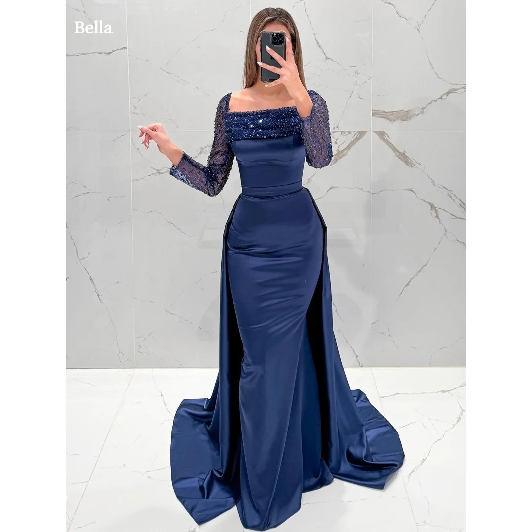 

Bella Customized Navy Blue Square Neck Prom Dress robes de soirée Party Dresses Satin Mermaid Gown With Beaded Long Sleeve Train